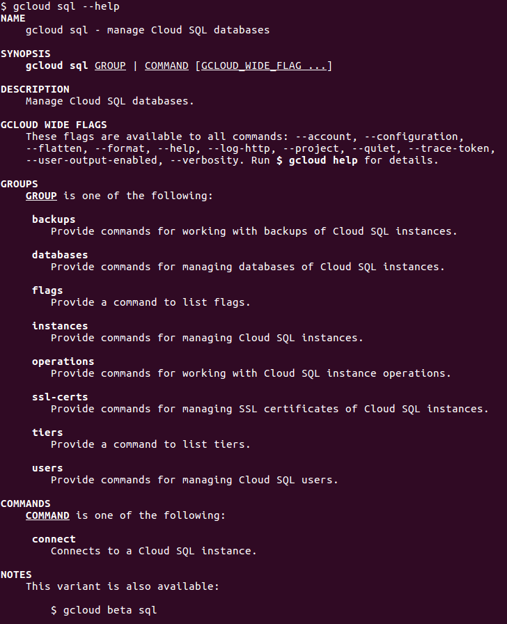 Screenshot of gcloud CLI sql help