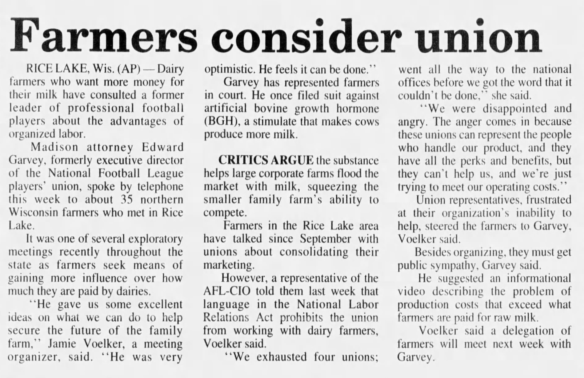 Newspaper clipping of Ed Garvey meeting regarding forming a union