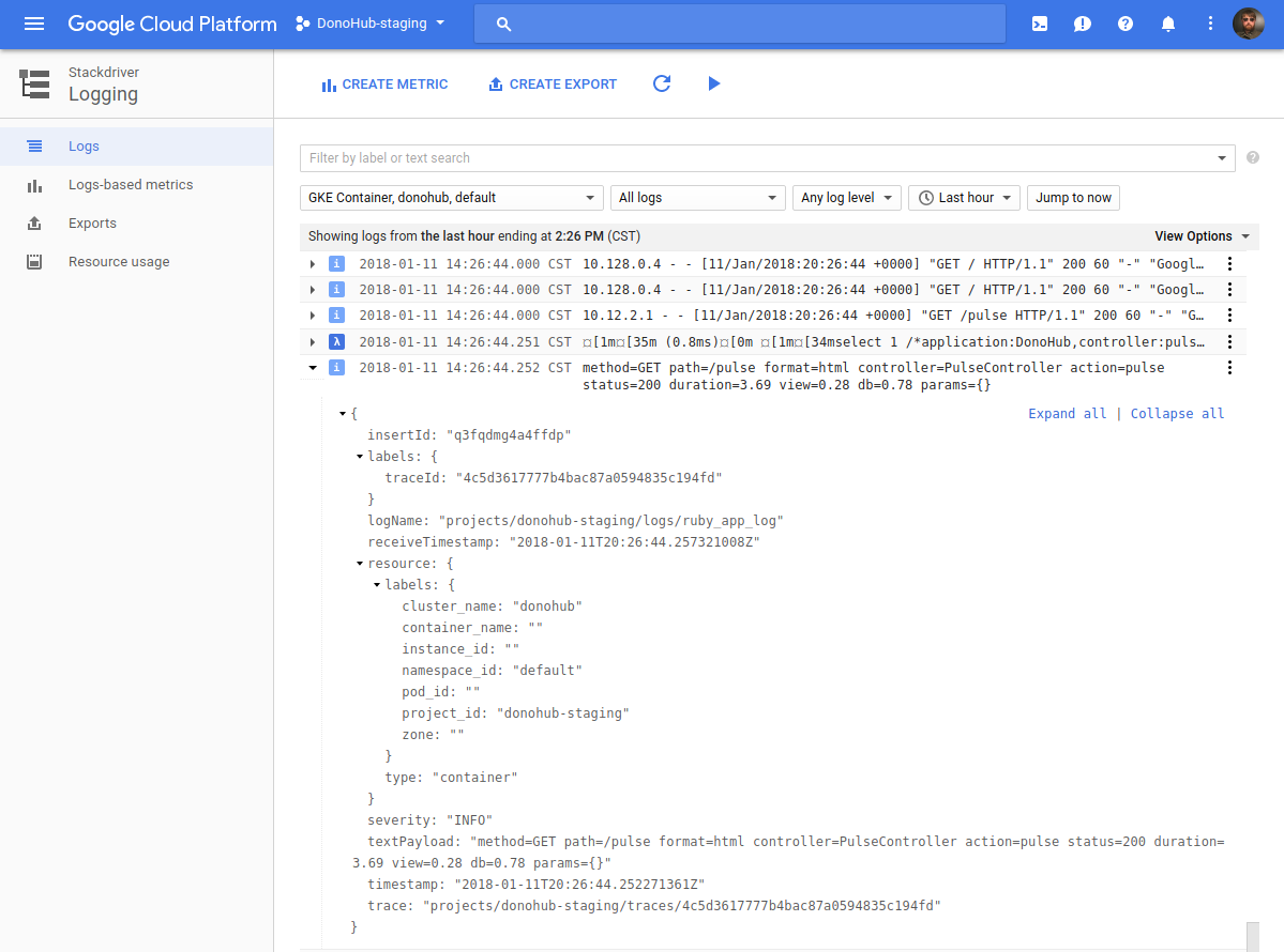 Screenshot of Stackdriver Logging console