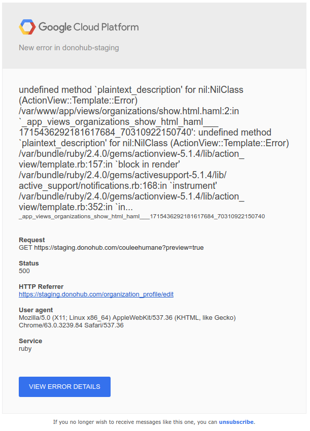 Screenshot of an example Stackdriver Error Reporting email notification