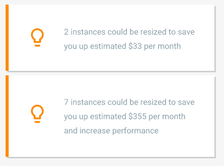 Compute Engine screenshot showing recommendations to resize instances to save money