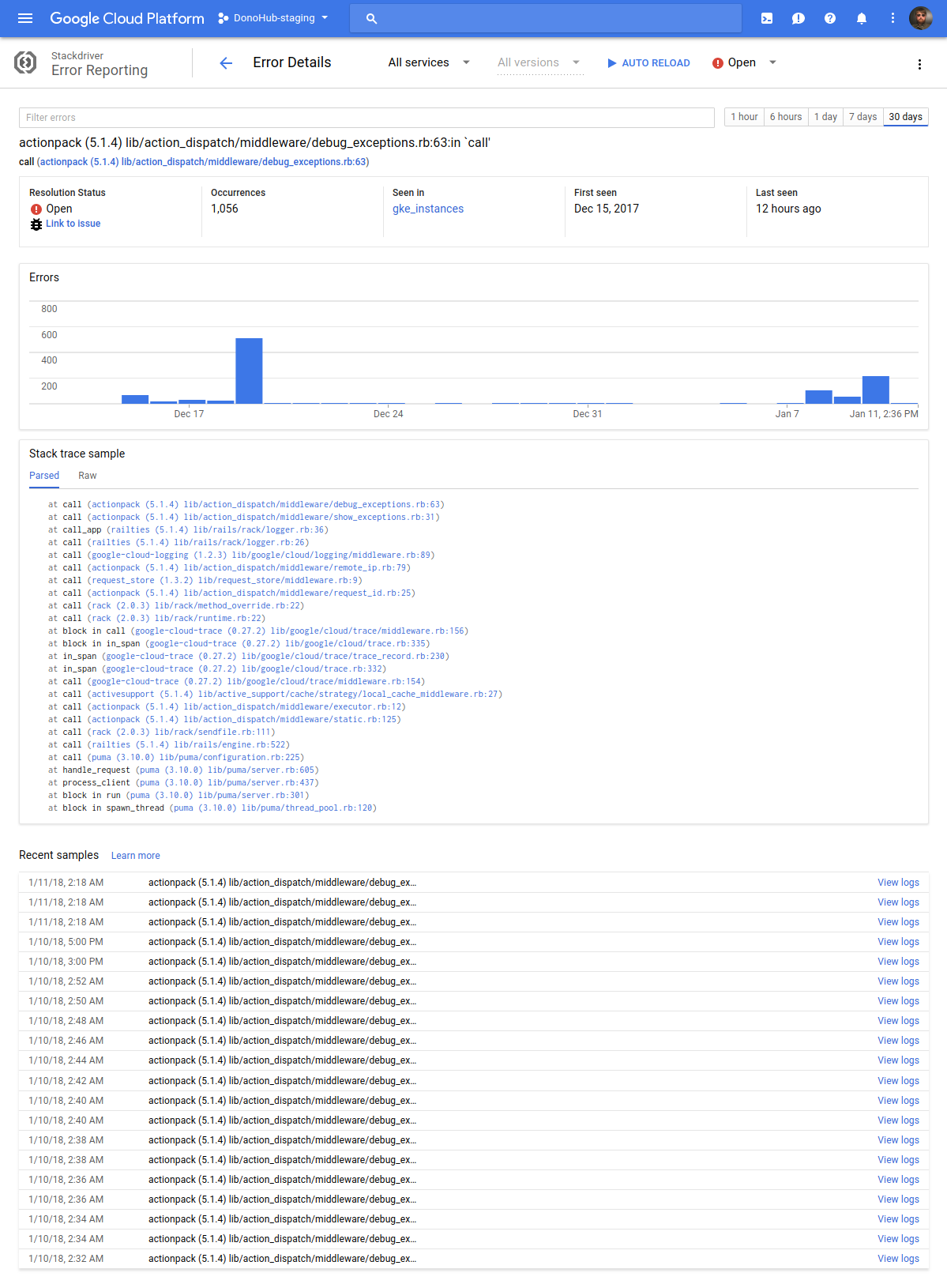 Screenshot of individual error view in Stackdriver Error Reporting console