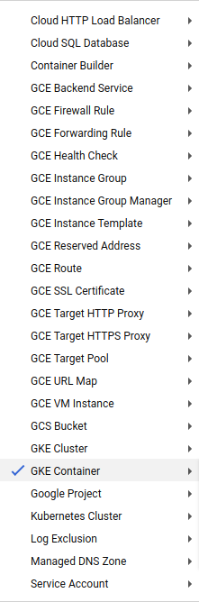 Dropdown screenshot showing many different Stackdriver logs sources
